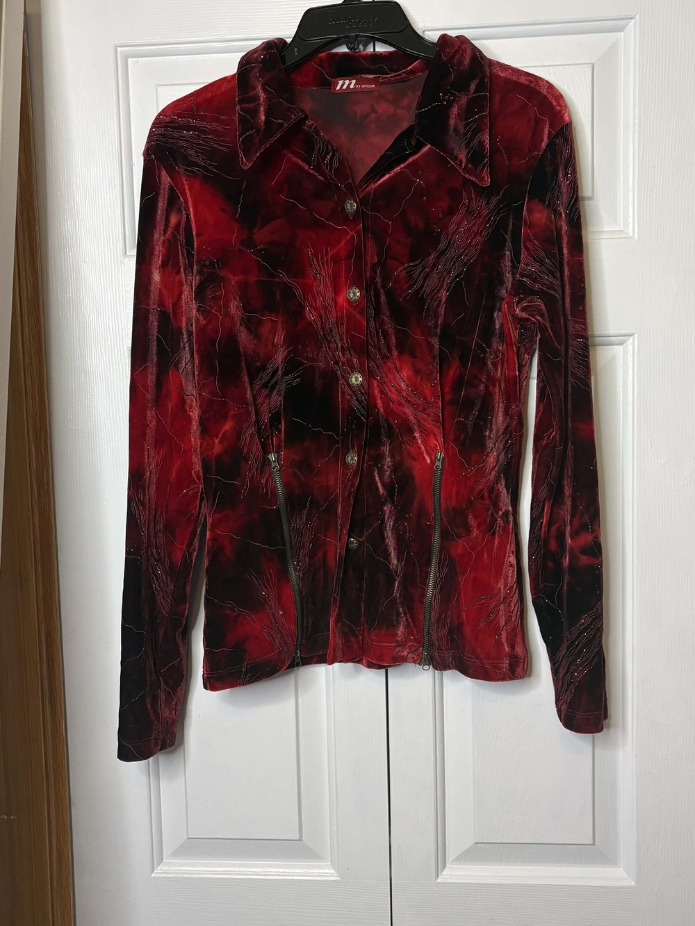 Velvet Vampy Button Shirt Jacket Red Black Zippers Vintage Glitter L M By Amour